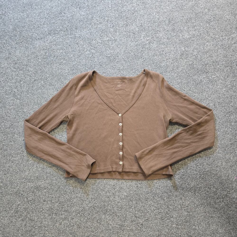 Brandy Melville Top Womens One Size Brown Ribbed Cropped Long Sleeve Cardigan